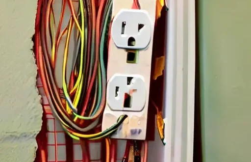 Тепловизионное изображение скрытой проводки за стеной с заметными тепловыми аномалиями вокруг розетки