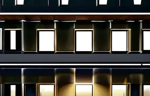 3D визуализация ночного фасада с архитектурным освещением