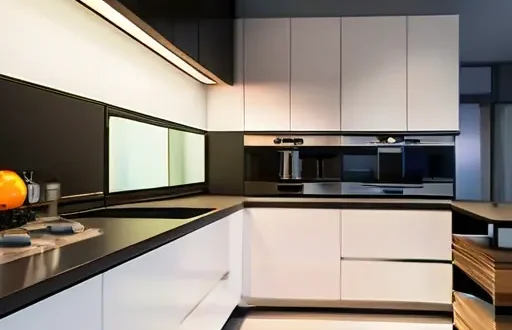 Современная кухня с умными розетками и реле возле плиты, датчики температуры и газа, кабель-каналы и панель управления