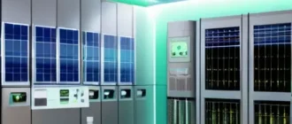 Современный инвертор с искусственным интеллектом, графики мощности на дисплее, солнечные панели и аккумуляторное хранилище