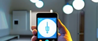 Illustration of a modern smart lighting automation system with IoT devices, wireless switches, and a mobile control interface
