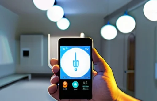 Illustration of a modern smart lighting automation system with IoT devices, wireless switches, and a mobile control interface