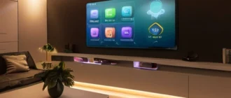 Smart home interior with automated lighting system creating a cozy atmosphere