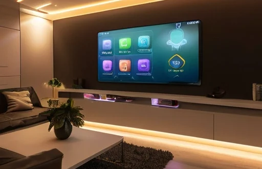 Smart home interior with automated lighting system creating a cozy atmosphere
