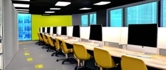 Инфраструктура системы автоматизации освещения в офисе с датчиками, контроллерами и управлением через мобильное приложение