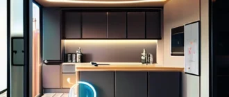 Interior of a smart apartment with interconnected IoT devices, smart lighting, security systems, and centralized management interface.