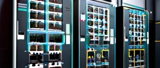Иллюстрация современных инновационных моделей электроснабжения, включающая модули, системы хранения, датчики и автоматизированные устройства